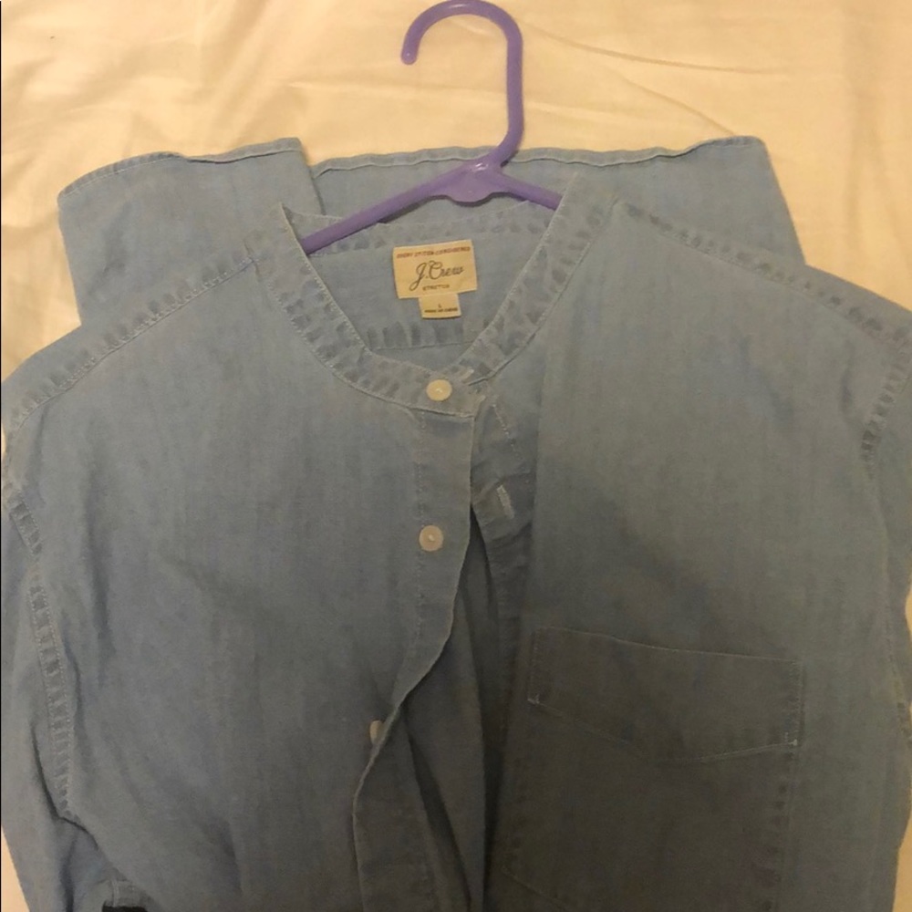 J. Crew Denim Band Collar Shirt, Size L